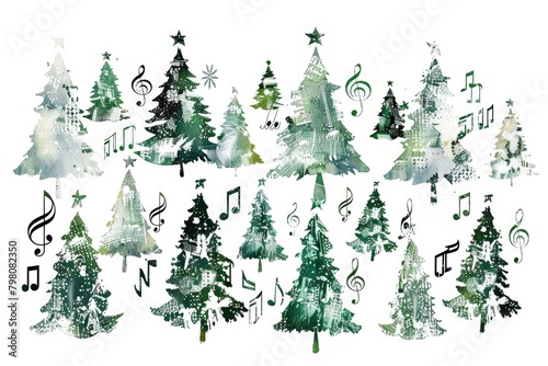 Festive Christmas trees decorated with musical notes. Perfect for holiday music events