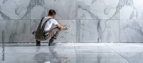 A uniformed construction worker laying ceramic tiles on a wall. Tiler, repair in the apartment, private master.