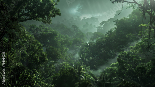 Ancient rainforest canopy, veiled in mist, resounds with the calls of diverse wildlife.
