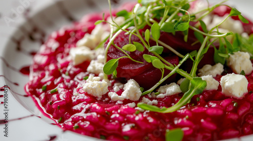 Detailed view of beetroot risotto, striking deep red color, topped with goat cheese crumbles and microgreens, focusing on the vibrant contrast and fresh flavors