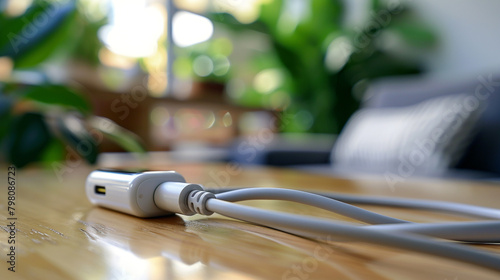 Lightning Cable A Lightning cable plugged into an iPhone and a charging adapter, providing a reliable and efficient way to charge Apple devices and transfer data between them.