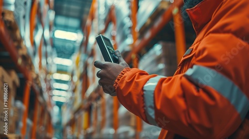worker using scanner, warehouse worker scanning code. logistics manager checking goods in stock using barcode scanner on freight parcels in storehouse