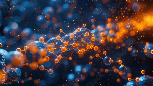 Digital illustration of molecules in orange and blue hues, representing a concept of scientific research in biochemistry or nanotechnology.