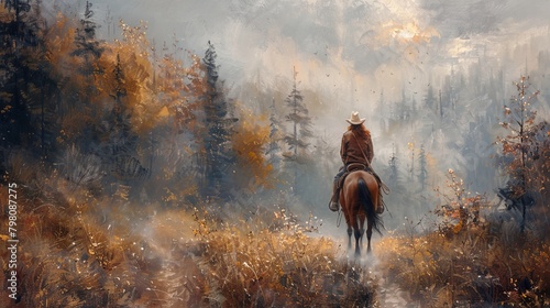a painting of a man riding a horse through a forest filled with trees and bushes