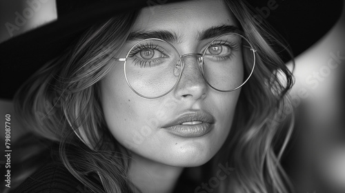 A retro black-and-white shot of a girl in a hat and glasses recreates the atmosphere of style and elegance, takes us back to the distant times of sublime beauty and grace