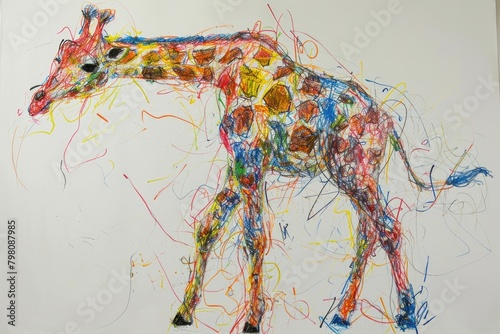 The hand drawing colourful picture of giraffe that has been drawn by the colored pencil, crayon or chalk on the white blank background that seem to be drawn by the child that willing to draw. AIGX01.