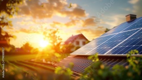 Solar panels equipped on a house roof, captured up close and realistically, demonstrating eco-friendly energy amidst nature