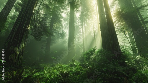 Soft light filtering through a canopy of towering redwoods, the fog adding a mystical quality to the lush, green forest understory