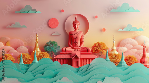 A serene illustration of a Buddha statue with colorful pagodas, trees, and stylized clouds in a peaceful, surreal landscape.