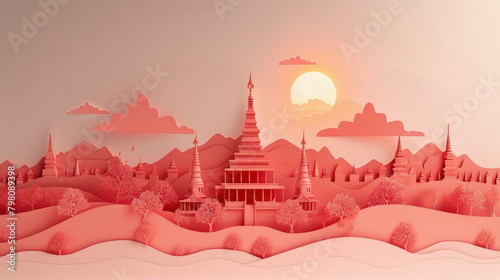 A stylized pink and orange landscape featuring Thailand Buddhist pagoda among hills with a sun setting in the background.