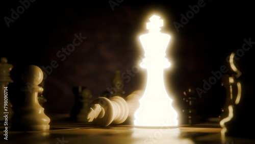 Realistic chess game featuring dreamy checkmate by light emitting king figure on wooden checkerboard