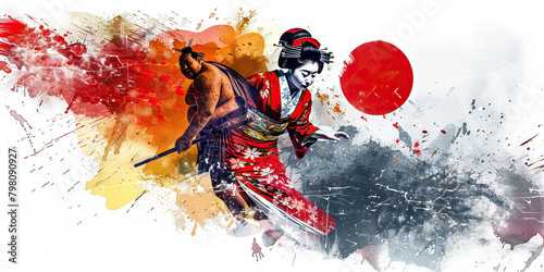 Japanese Flag with a Geisha and a Sumo Wrestler - Picture the Japanese flag with a geisha representing Japan's traditional arts and a sumo wrestler