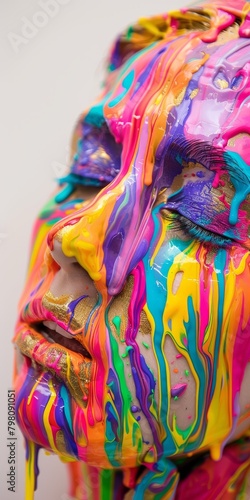 Intense close-up of a melting paint effect on a sculpture, highlighting intricate color blend and texture
