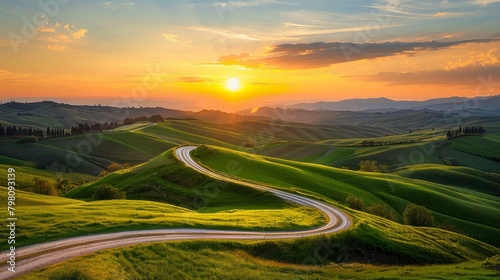 Twilight Glow on a Serene Tuscan Road Encased in Verdant Rolling Hills