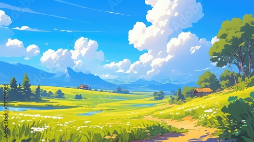 Capture the serene beauty of a springtime rural landscape featuring lush green fields under a clear blue sky with fluffy clouds and a majestic mountain in the background This charming scener