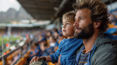 father and son in stands, filled with enthusiastic supporters of rugby or football team wearing blue clothes to support national sports team.