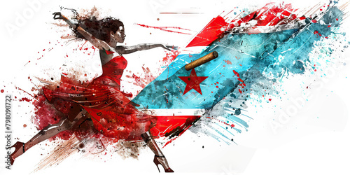 Cuban Flag with a Cigar Roller and a Salsa Dancer - Visualize the Cuban flag with a cigar roller representing Cuba's cigar industry and a salsa dancer