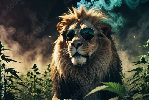 lion hipster with cannabis and sunglasses content created with generative AI software.