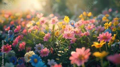 This is a nature photograph of a field of flowers. The flowers are mostly pink, yellow, and blue. The sun is shining brightly in the background.
