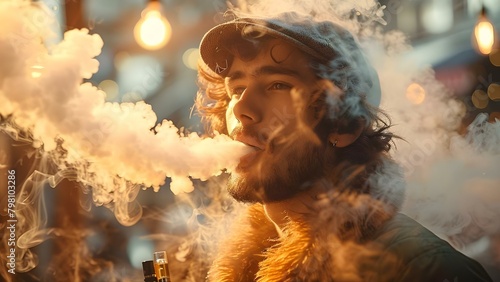 A man in a cap performs vaping tricks with an ecigarette. Concept Vaping, E-cigarettes, Tricks, Men's Fashion, Lifestyle