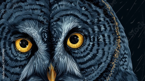 Mesmerizing close-up: great gray owl's yellow eyes piercing the night sky - detailed illustration