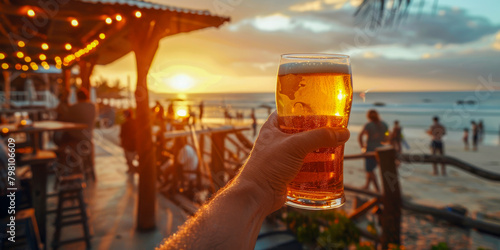 Tropical Beach Bar Sunset with Refreshing Beer in Hand