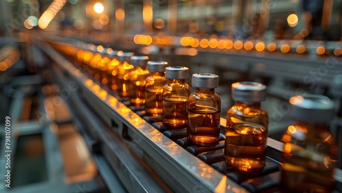 Glass bottles on production line in pharmaceutical factory manufacturing medical vials. Concept Pharmaceutical Manufacturing, Production Line, Glass Bottles, Medical Vials, Factory Machinery