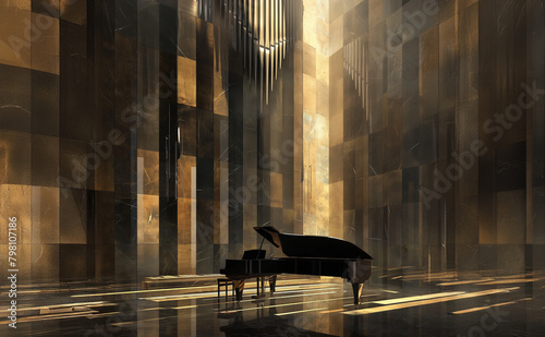 Piano in large modern gothic room. Illustration, piano concert, classical music, opera, organists festival. Cathedrals, France, Christmas, cultural event.