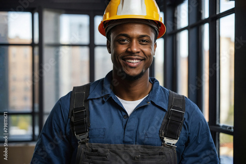 An employee in overalls and a construction helmet on the background of installed plastic windows .African-American. Smiling