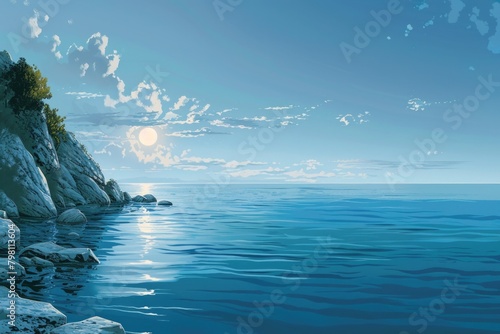 A scenic painting of a cliff overlooking a body of water. Suitable for home decor or travel websites
