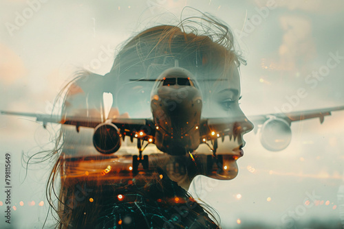 Wanderlust concept, vacation plans, double-exposure photo of a woman and an airplane