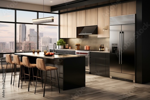 b'kitchen island with seating and view of the city'