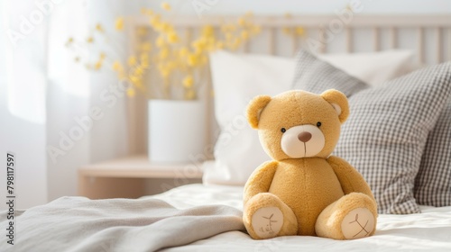 b'A cute teddy bear sitting on a bed with a vase of yellow flowers in the background'