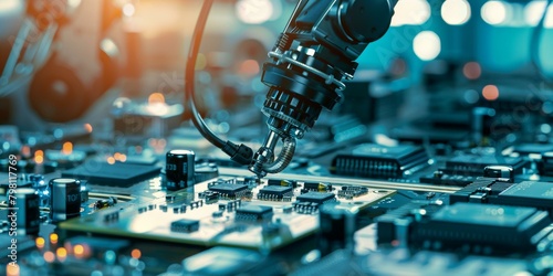 Close-up of a robotic arm soldering a circuit board