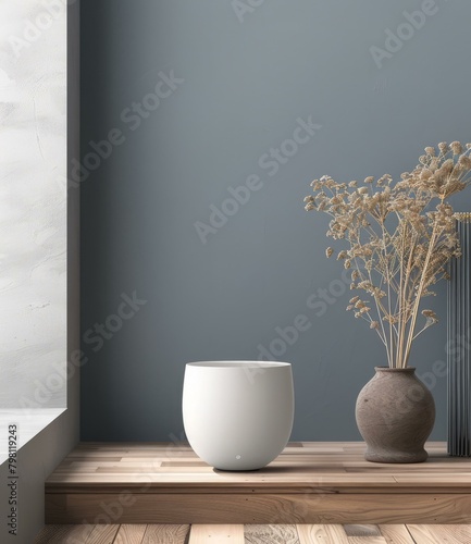 b'A ceramic vase and a ceramic flower pot on a wooden table against a blue wall background'