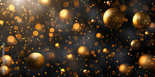  background with gold & black with shiny golden balls Golden black sparkling bokeh effect particles and sprinkles on christmas or new year celebration. shiny golden lights
