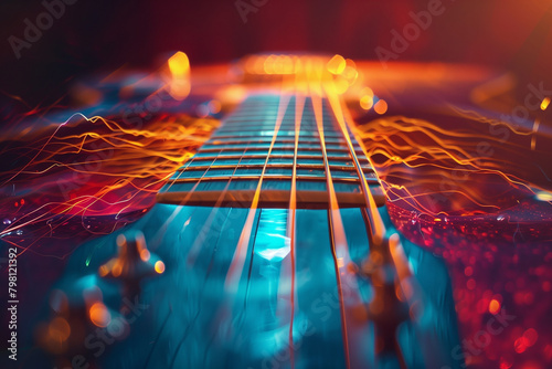 Focus on vibrating guitar strings, illustrating harmonic frequencies.