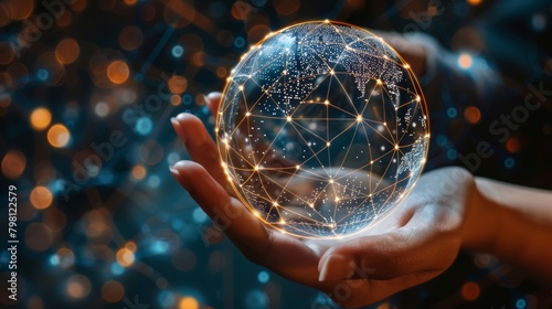 Hands presenting a luminous globe with network connections. Digital network and globalization concept