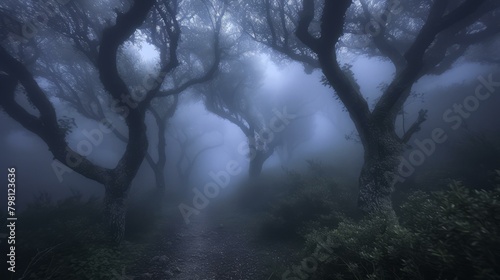 b'Foggy path in the middle of a spooky forest'