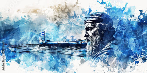 Greek Flag with an Ancient Greek Philosopher and a Fisherman - Visualize the Greek flag with an ancient Greek philosopher representing Greece's contributions to philosophy and a fisherman