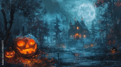 b'A spooky house in a dark forest with a giant pumpkin in the foreground'