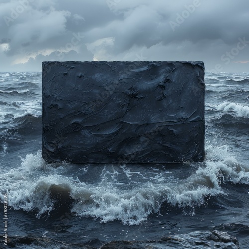 b'A dark rectangle floating in a rough sea'
