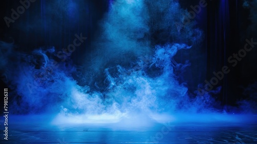 Black stage with blue smoke below, like fog on the floor. In a dark room. 