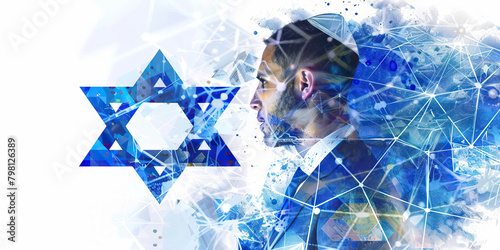 The Israeli Flag with a Rabbi and a Technological Innovator - Picture the Israeli flag with a rabbi representing Judaism and Israeli culture, and a technological innovator symbolizing Israel's advance