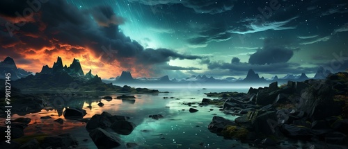 b'Fantasy landscape with mountains, rocks, and a body of water under a starry night sky'