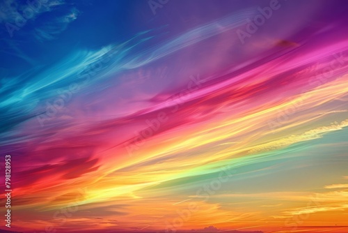 Colorful abstract painting of a sky full of rainbow colored clouds.