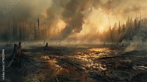 b'Post-apocalyptic landscape with a destroyed forest'