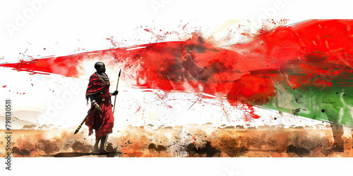 The Kenyan Flag with a Maasai Warrior and a Safari Guide - Visualize the Kenyan flag with a Maasai warrior representing Kenya's indigenous culture and a safari guide symbolizing the country's wildlife