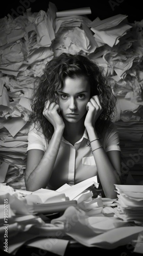 b'Young woman drowning in paperwork'