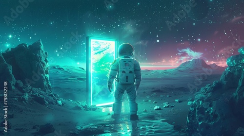 b'Astronaut on alien planet looking through portal to Earth'
